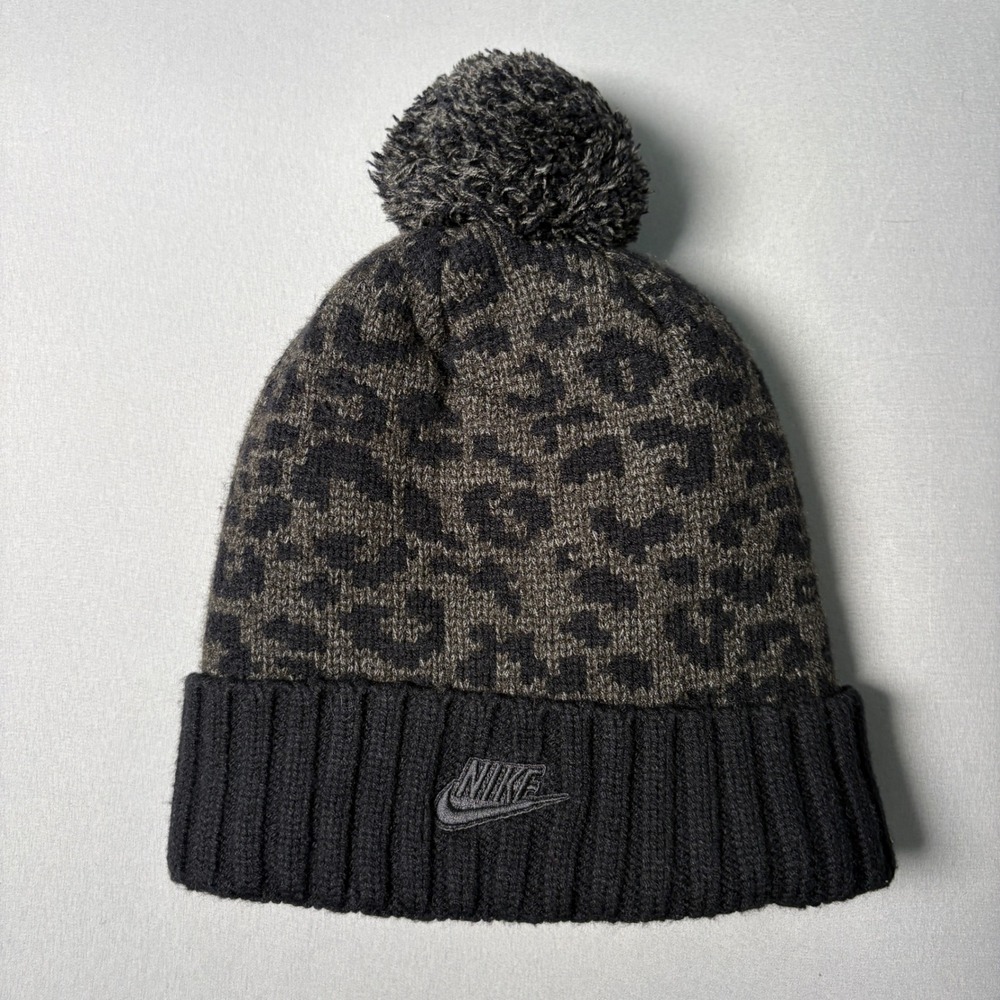 Nike Womens Leopard Print Pom Beanie Black Charcoal Fleece Lined Knit Hat OSFM